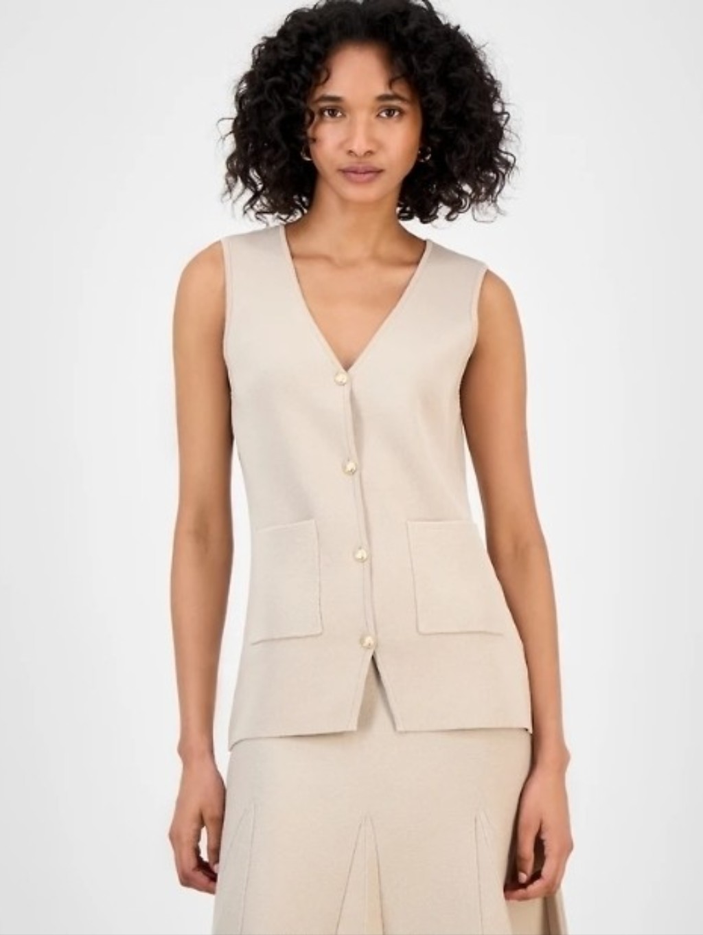 Tahari Asl Neutral Tan Button-Front Knit Vest (Small Snag) Sweater Sleveless